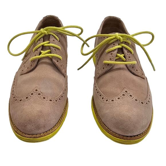 Cole Haan Shoes Womens Size 5.5 Tan Wingtip Oxford Suede Lace Up Chartreuse - Picture 2 of 15